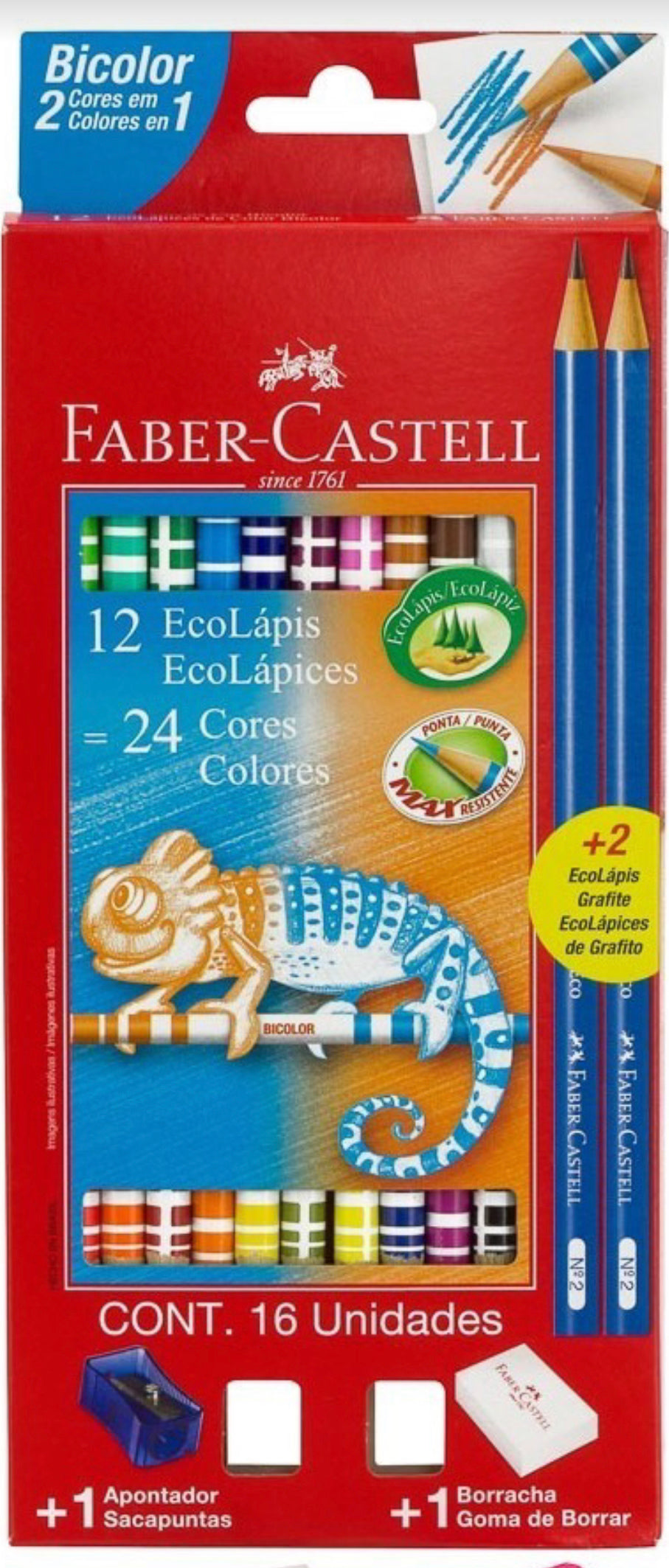 Lapices Faber Castell bicolor x12 más goma, 2 lapices de escribir y sacapuntas